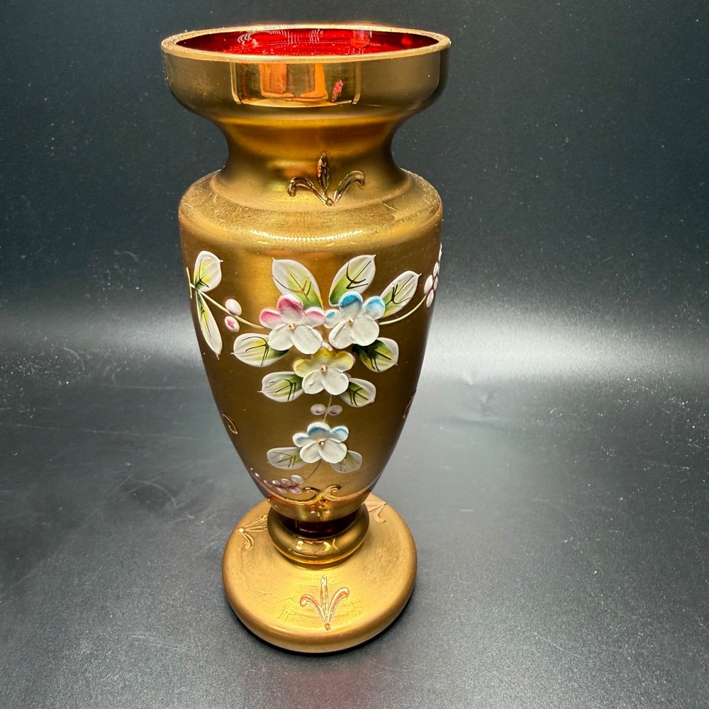 Bohemia Crystal Ruby Red‎ Glass Vase Gold Hand Painted Floral 6.75in Czech
